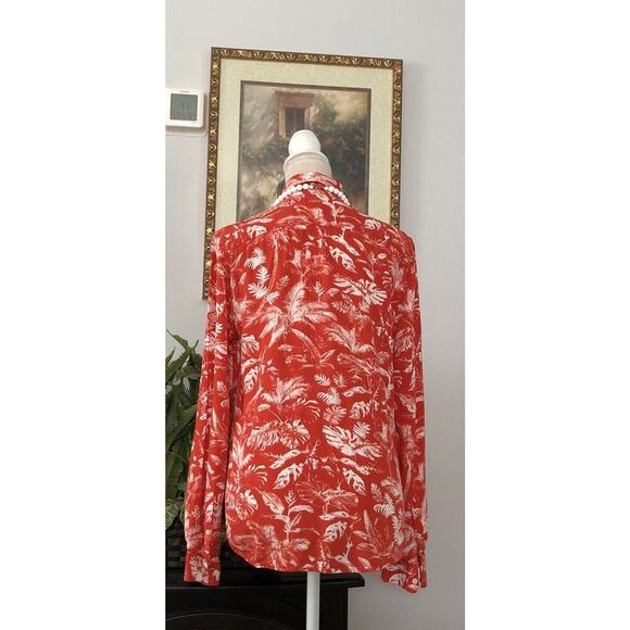 H&M US CA Women Petite Small Vintage Hawaiian Orange Print Bottom Up Shirt - Picture 5 of 13